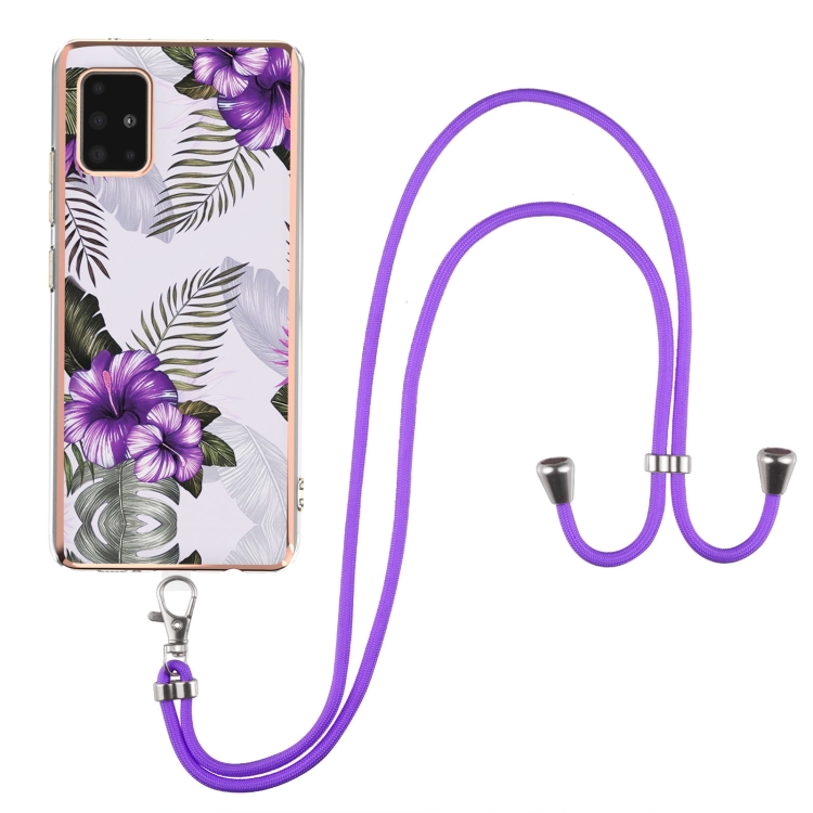 

For Samsung Galaxy A51 5G Electroplating Pattern IMD TPU Shockproof Case with Neck Lanyard(Purple Flower)