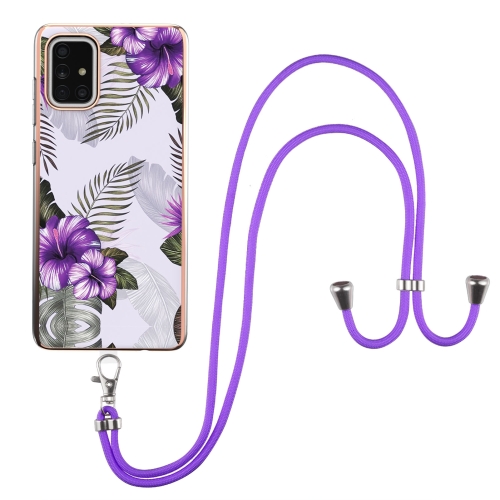 

For Samsung Galaxy A71 5G Electroplating Pattern IMD TPU Shockproof Case with Neck Lanyard(Purple Flower)