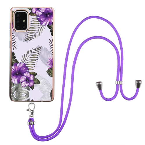 

For Samsung Galaxy A71 / A715 Electroplating Pattern IMD TPU Shockproof Case with Neck Lanyard(Purple Flower)