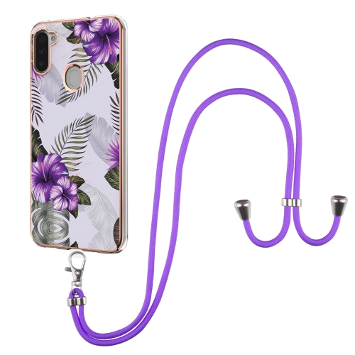 

For Samsung Galaxy M11 / A11 Electroplating Pattern IMD TPU Shockproof Case with Neck Lanyard(Purple Flower)