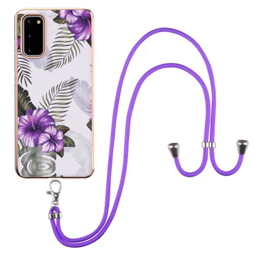 

For Samsung Galaxy S20 Electroplating Pattern IMD TPU Shockproof Case with Neck Lanyard(Purple Flower)