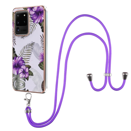 

For Samsung Galaxy S20 Ultra Electroplating Pattern IMD TPU Shockproof Case with Neck Lanyard(Purple Flower)