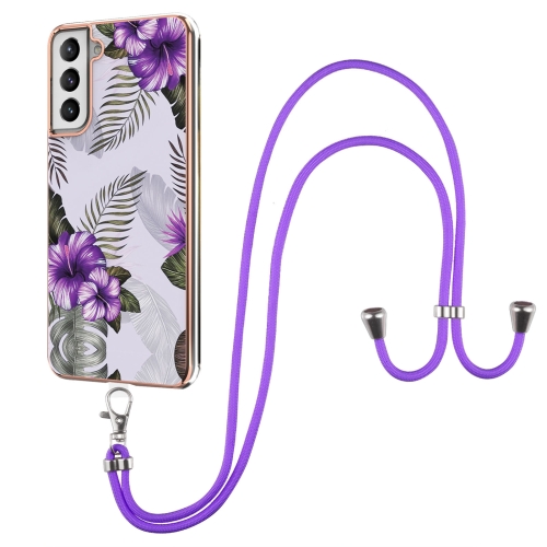 

For Samsung Galaxy S21+ 5G Electroplating Pattern IMD TPU Shockproof Case with Neck Lanyard(Purple Flower)