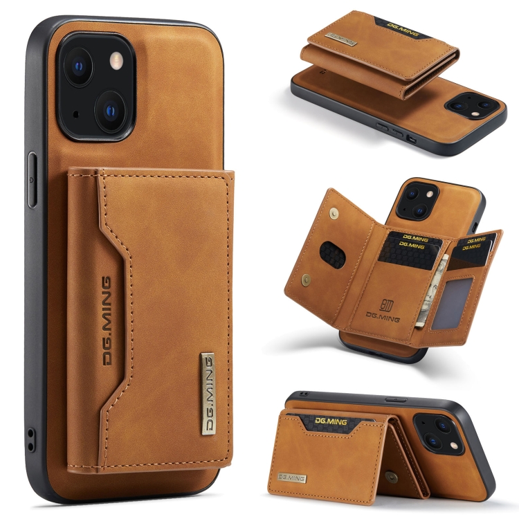 

DG.MING M2 Series 3-Fold Card Bag + Magnetic Shockproof Case with Wallet & Holder Function For iPhone 13 mini(Brown)
