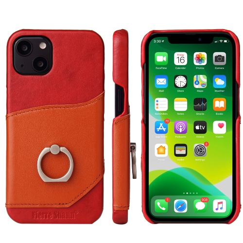 

Fierre Shann Oil Wax Texture Genuine Leather Back Cover Case with 360 Degree Rotation Holder & Card Slot For iPhone 13 Mini(Red)