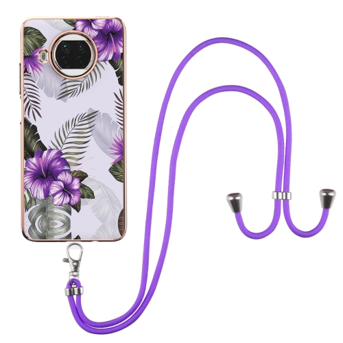 

For Xiaomi Mi 10T Lite 5G Electroplating Pattern IMD TPU Shockproof Case with Neck Lanyard(Purple Flower)