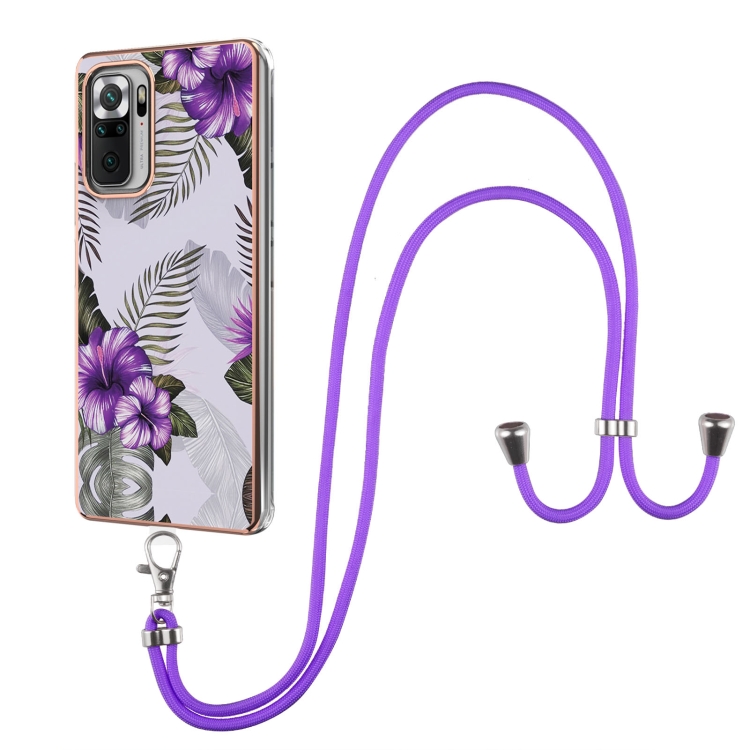 

For Xiaomi Redmi Note 10 Pro / 10 Pro Max Electroplating Pattern IMD TPU Shockproof Case with Neck Lanyard(Purple Flower)