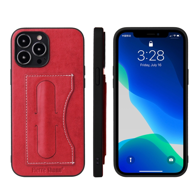 

Fierre Shann Full Coverage Protective Leather Case with Holder & Card Slot For iPhone 13 Pro(Red)