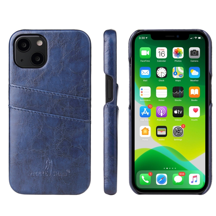 

Fierre Shann Retro Oil Wax Texture PU Leather Case with Card Slots For iPhone 13 Mini(Blue)