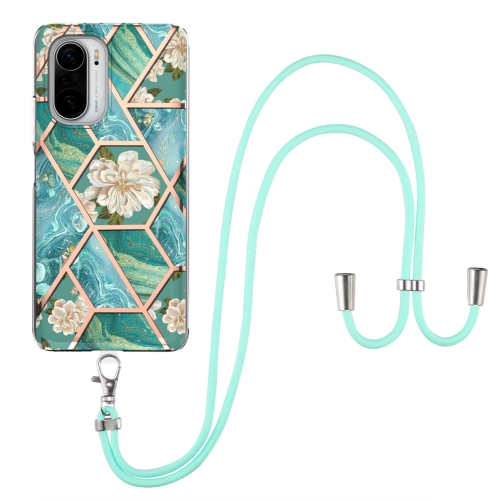 

For Xiaomi Mi 11i / Poco F3 Electroplating Splicing Marble Flower Pattern TPU Shockproof Case with Lanyard(Blue Flower)