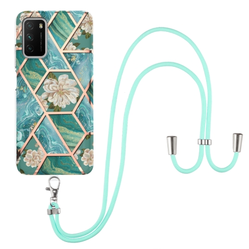 

For Xiaomi Poco M3 / Redmi Note 9 4G Electroplating Splicing Marble Flower Pattern TPU Shockproof Case with Lanyard(Blue Flower)