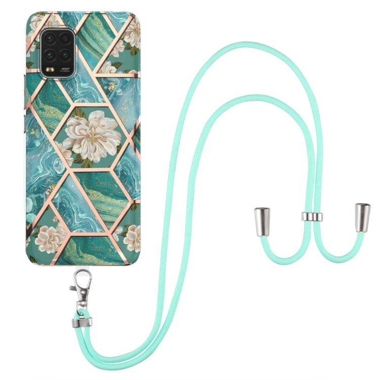 

For Xiaomi Mi 10 Lite 5G Electroplating Splicing Marble Flower Pattern TPU Shockproof Case with Lanyard(Blue Flower)