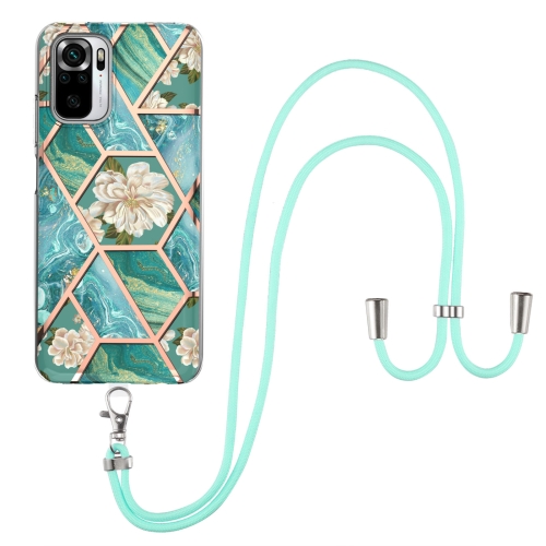 

For Xiaomi Redmi Note 10 Electroplating Splicing Marble Flower Pattern TPU Shockproof Case with Lanyard(Blue Flower)