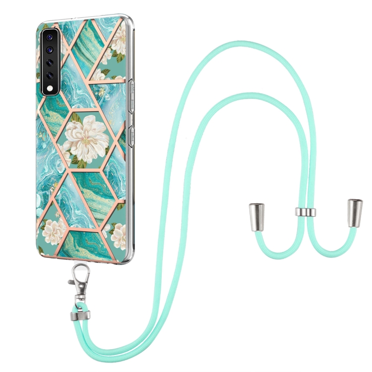 

For LG Stylo 7 4G Electroplating Splicing Marble Flower Pattern TPU Shockproof Case with Lanyard(Blue Flower)