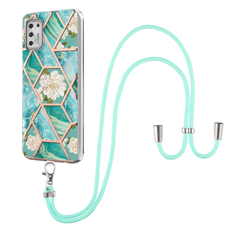 

For Motorola Moto G Stylus 2021 Electroplating Splicing Marble Flower Pattern TPU Shockproof Case with Lanyard(Blue Flower)