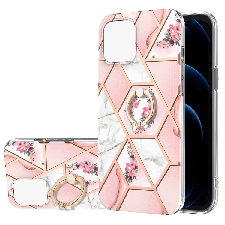 

Electroplating Splicing Marble Flower Pattern TPU Shockproof Case with Rhinestone Ring Holder For iPhone 13 Pro(Pink Flower)
