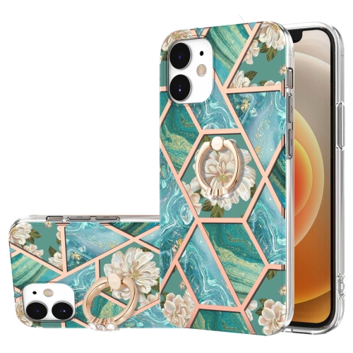 

Electroplating Splicing Marble Flower Pattern TPU Shockproof Case with Rhinestone Ring Holder For iPhone 12 mini(Blue Flower)