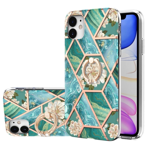 

Electroplating Splicing Marble Flower Pattern TPU Shockproof Case with Rhinestone Ring Holder For iPhone 11(Blue Flower)
