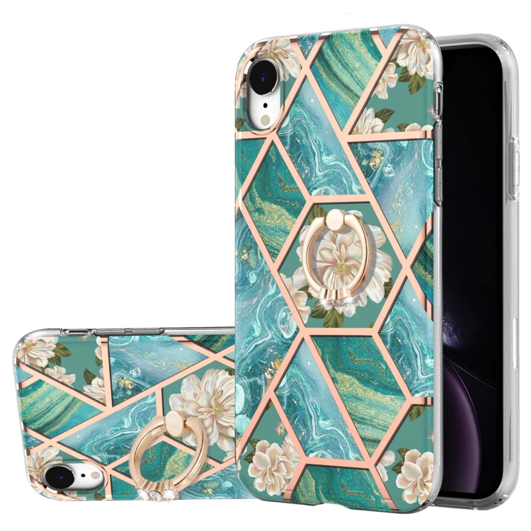 

Electroplating Splicing Marble Flower Pattern TPU Shockproof Case with Rhinestone Ring Holder For iPhone XR(Blue Flower)