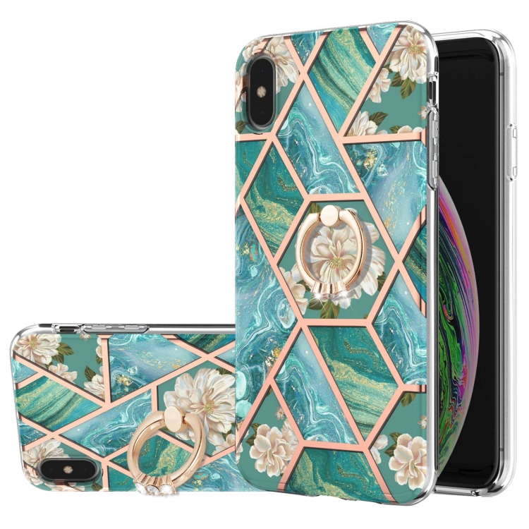 

Electroplating Splicing Marble Flower Pattern TPU Shockproof Case with Rhinestone Ring Holder For iPhone XS Max(Blue Flower)