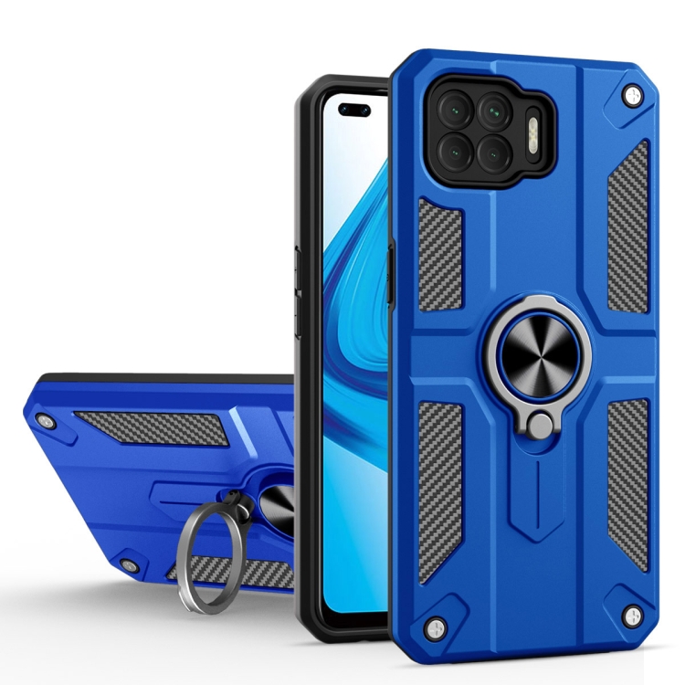 

Carbon Fiber Pattern PC + TPU Protective Case with Ring Holder For OPPO F17(Dark Blue)
