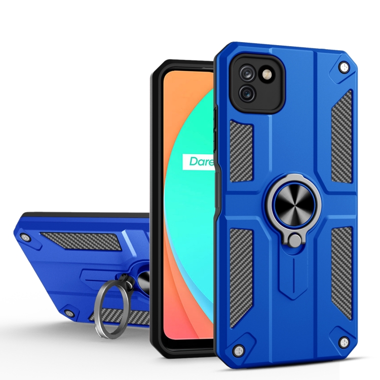 

Carbon Fiber Pattern PC + TPU Protective Case with Ring Holder For OPPO Realme C11(Dark Blue)