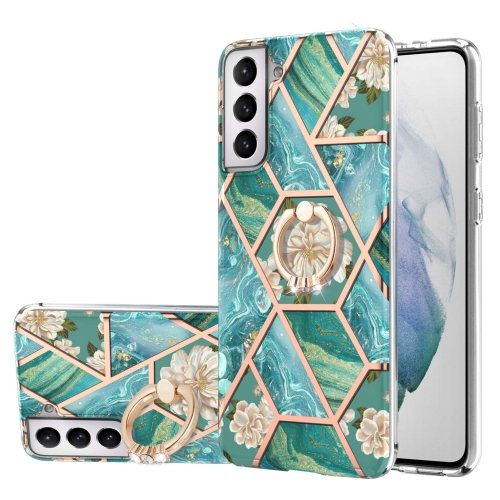 

For Samsung Galaxy S21+ 5G Electroplating Splicing Marble Flower Pattern TPU Shockproof Case with Rhinestone Ring Holder(Blue Flower)