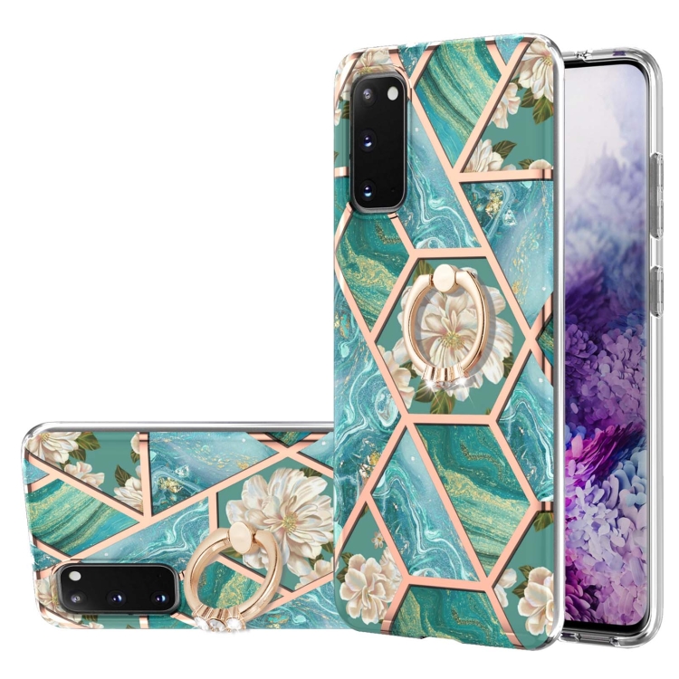 

For Samsung Galaxy S20 Electroplating Splicing Marble Flower Pattern TPU Shockproof Case with Rhinestone Ring Holder(Blue Flower)