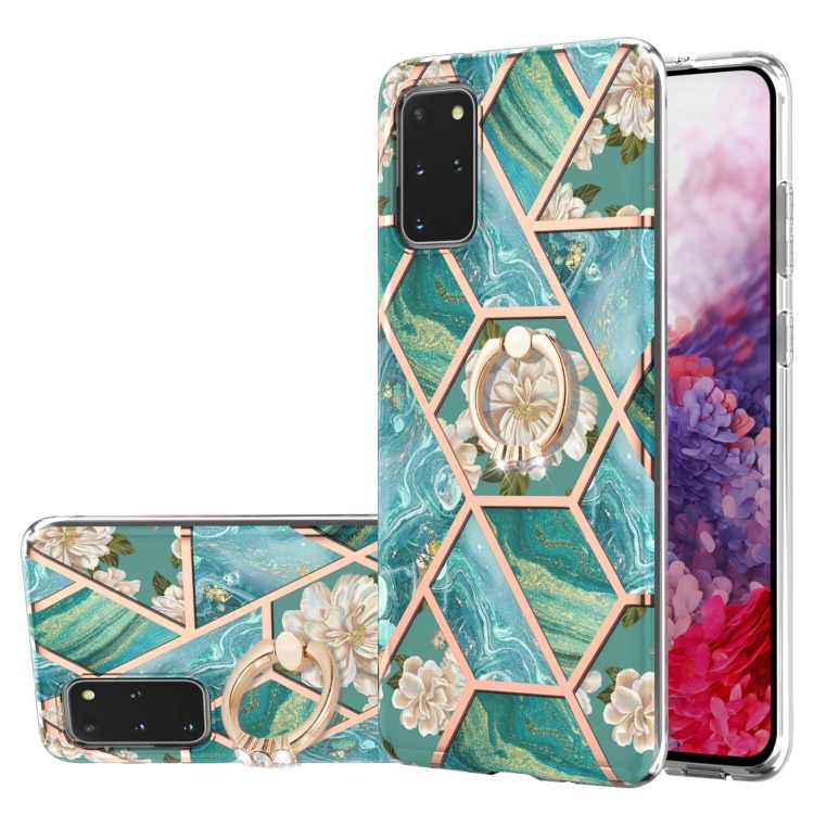 

For Samsung Galaxy S20+ Electroplating Splicing Marble Flower Pattern TPU Shockproof Case with Rhinestone Ring Holder(Blue Flower)