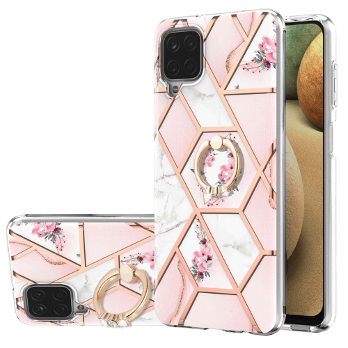 

For Samsung Galaxy A12 5G/F12/M12 Electroplating Splicing Marble Flower Pattern TPU Shockproof Case with Rhinestone Ring Holder(Pink Flower)