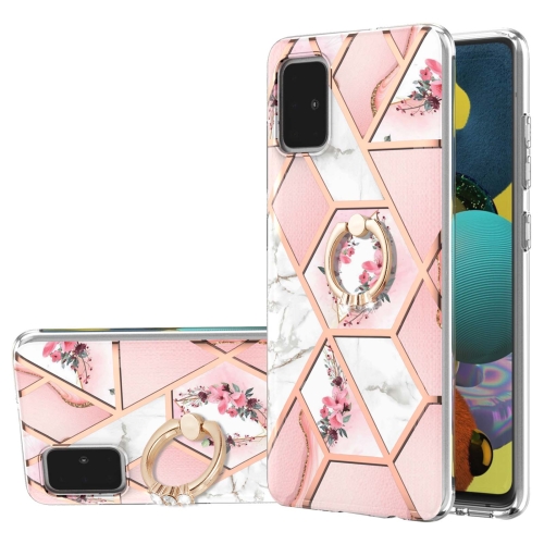

For Samsung Galaxy A51 4G Electroplating Splicing Marble Flower Pattern TPU Shockproof Case with Rhinestone Ring Holder(Pink Flower)