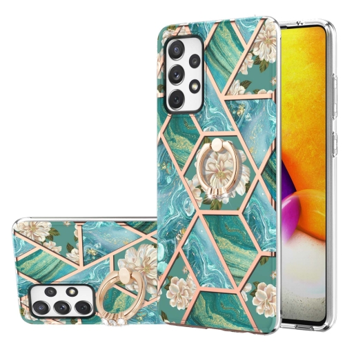 

For Samsung Galaxy A72 5G / 4G Electroplating Splicing Marble Flower Pattern TPU Shockproof Case with Rhinestone Ring Holder(Blue Flower)