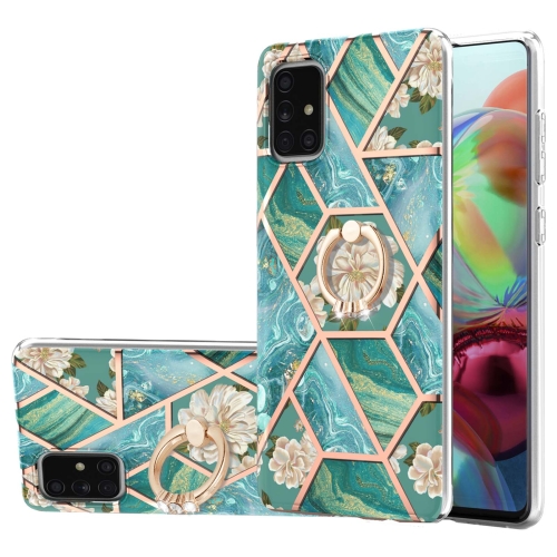 

For Samsung Galaxy A71 4G Electroplating Splicing Marble Flower Pattern TPU Shockproof Case with Rhinestone Ring Holder(Blue Flower)