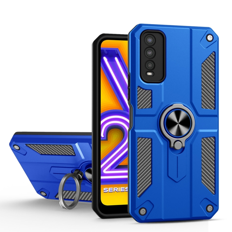 

Carbon Fiber Pattern PC + TPU Protective Case with Ring Holder For vivo Y20(Dark Blue)