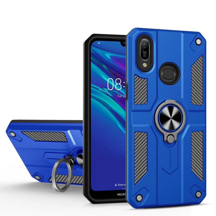

For Huawei Y6 (2019) Carbon Fiber Pattern PC + TPU Protective Case with Ring Holder(Dark Blue)