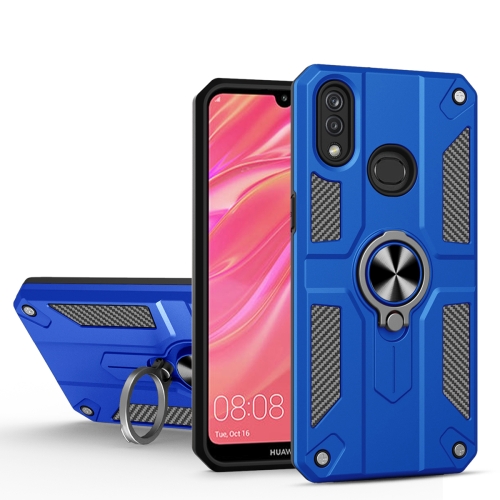 

For Huawei Y7 (2019) Carbon Fiber Pattern PC + TPU Protective Case with Ring Holder(Dark Blue)