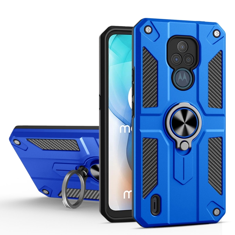 

For Motorola Moto E7 Carbon Fiber Pattern PC + TPU Protective Case with Ring Holder(Dark Blue)