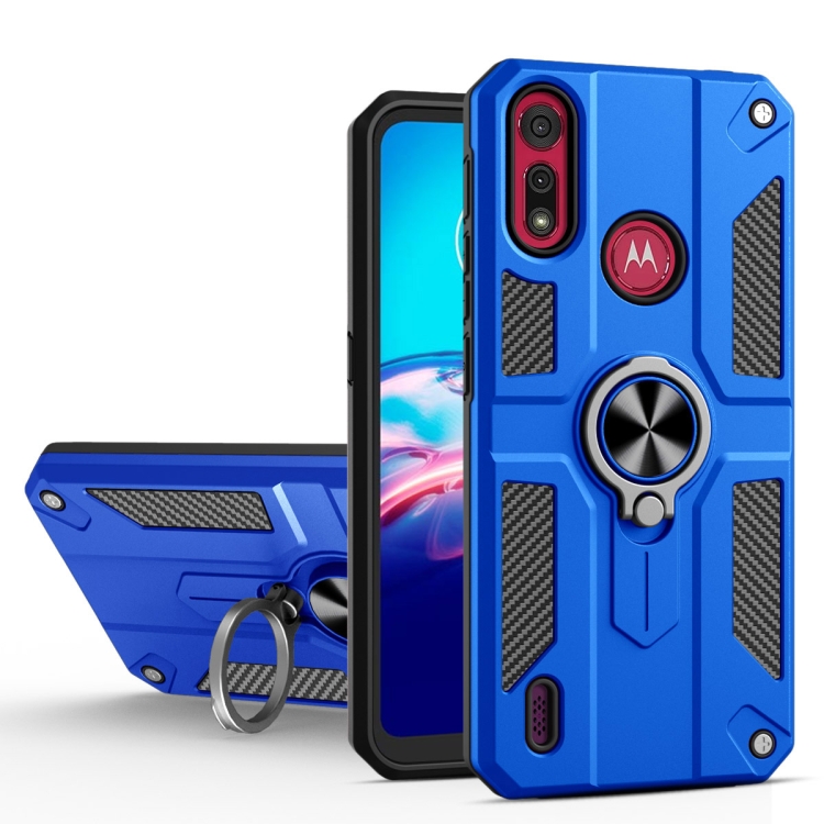 

For Motorola Moto E6s (2020) Carbon Fiber Pattern PC + TPU Protective Case with Ring Holder(Dark Blue)