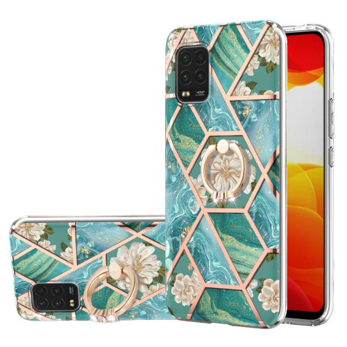 

For Xiaomi Mi 10 Lite Electroplating Splicing Marble Flower Pattern TPU Shockproof Case with Rhinestone Ring Holder(Blue Flower)