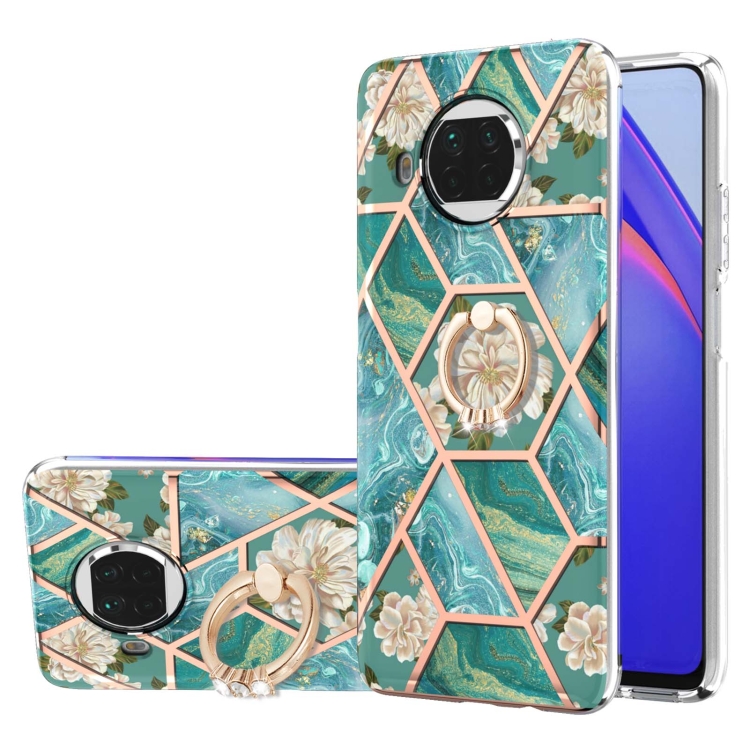 

For Xiaomi Mi 10T Lite Electroplating Splicing Marble Flower Pattern TPU Shockproof Case with Rhinestone Ring Holder(Blue Flower)
