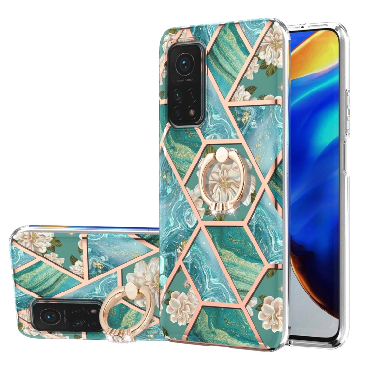 

For Xiaomi Mi 10T / Mi 10T Pro Electroplating Splicing Marble Flower Pattern TPU Shockproof Case with Rhinestone Ring Holder(Blue Flower)