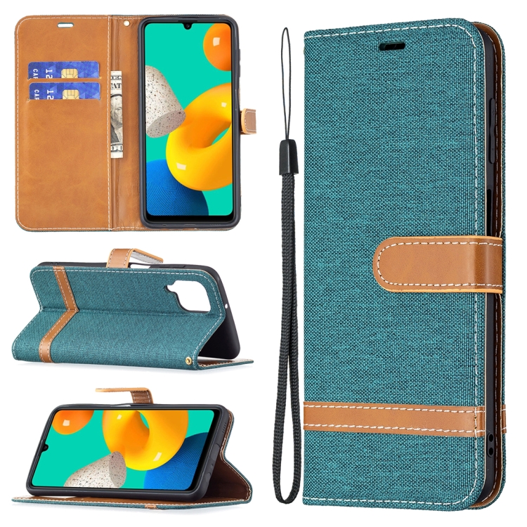 

For Samsung Galaxy M32 Color Matching Denim Texture Horizontal Flip Leather Case with Holder & Card Slots & Wallet & Lanyard(Green)