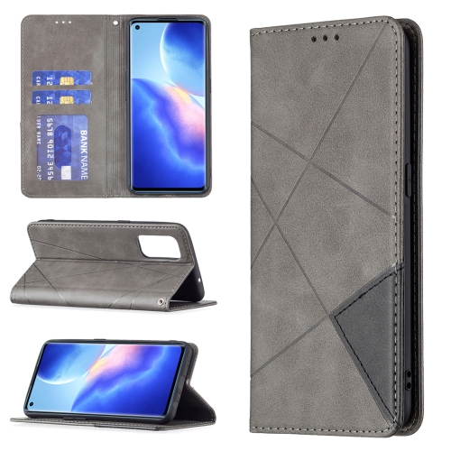 

For OPPO Reno5 Rhombus Texture Horizontal Flip Magnetic Leather Case with Holder & Card Slots(Grey)