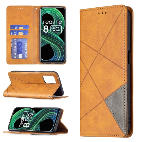 

For OPPO Realme 8 5G / V13 Rhombus Texture Horizontal Flip Magnetic Leather Case with Holder & Card Slots(Yellow)