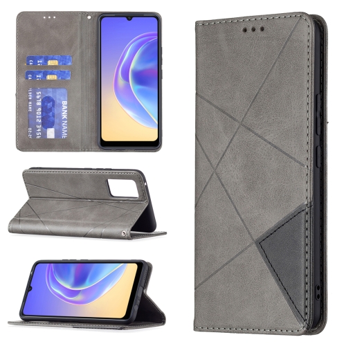 

For vivo V21e 4G Rhombus Texture Horizontal Flip Magnetic Leather Case with Holder & Card Slots(Grey)