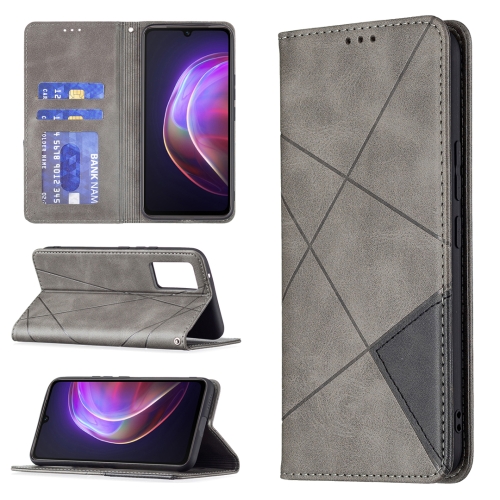 

For vivo V21 Rhombus Texture Horizontal Flip Magnetic Leather Case with Holder & Card Slots(Grey)