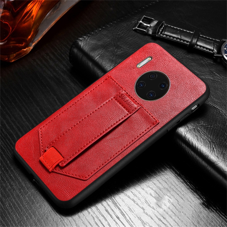 

For Huawei Mate 30 SULADA Shockproof TPU + Handmade Leather Protective Case with Holder & Card Slot & Hand Strap(Red)