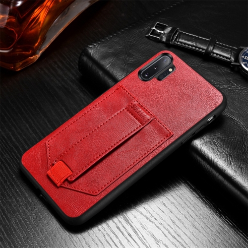 

For Galaxy Note 10+ SULADA Shockproof TPU + Handmade Leather Protective Case with Holder & Card Slot & Hand Strap(Red)