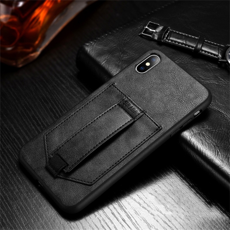 

For iPhone X / XS SULADA Shockproof TPU + Handmade Leather Protective Case with Holder & Card Slot & Hand Strap(Black)