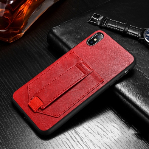 

For iPhone XR SULADA Shockproof TPU + Handmade Leather Protective Case with Holder & Card Slot & Hand Strap(Red)